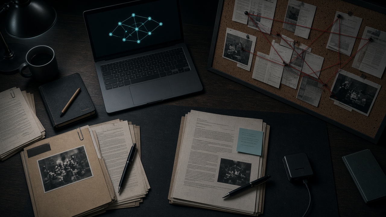 Investigator's desk at night with a corkboard of connected case files